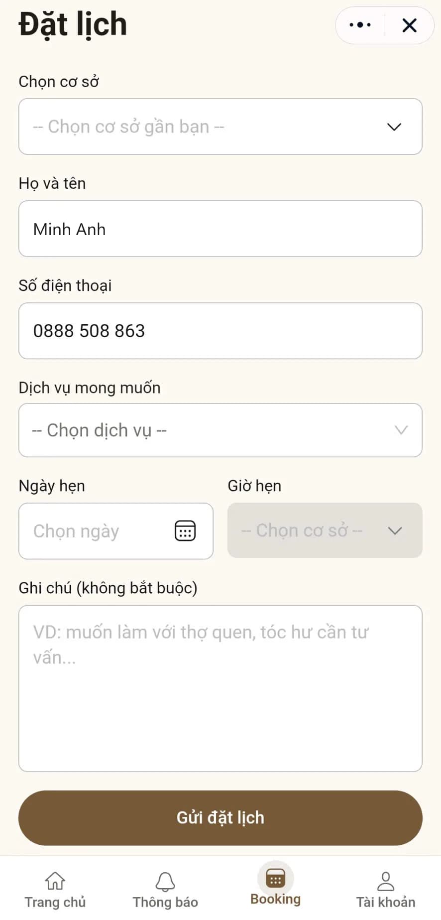 Zalo Mini App biểu mẫu đặt lịch